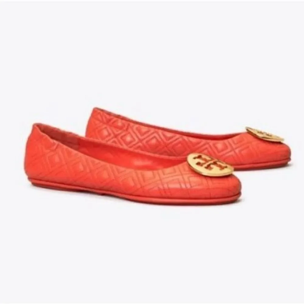 Tory Burch Size 6.5 Minnie Quilted Leather Ballet Flats Orange Gold Logo Travel